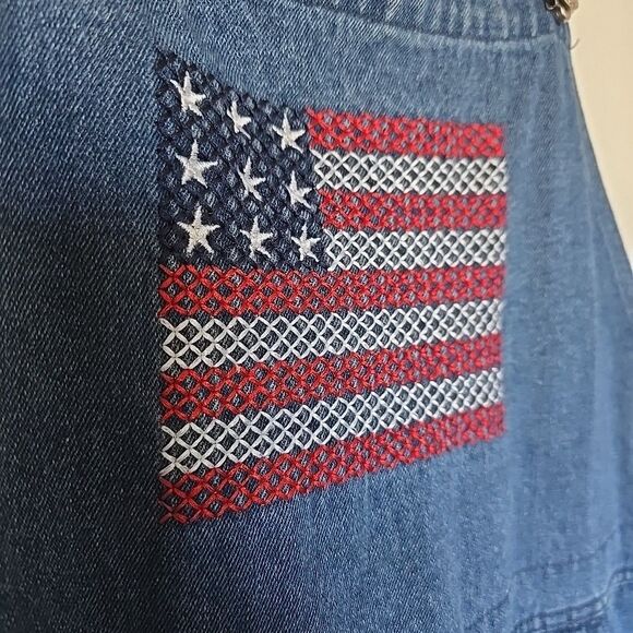 Vintage 90s Denim Overalls Capris American Flag Med Blue Jean USA Embroidered - Picture 2 of 9